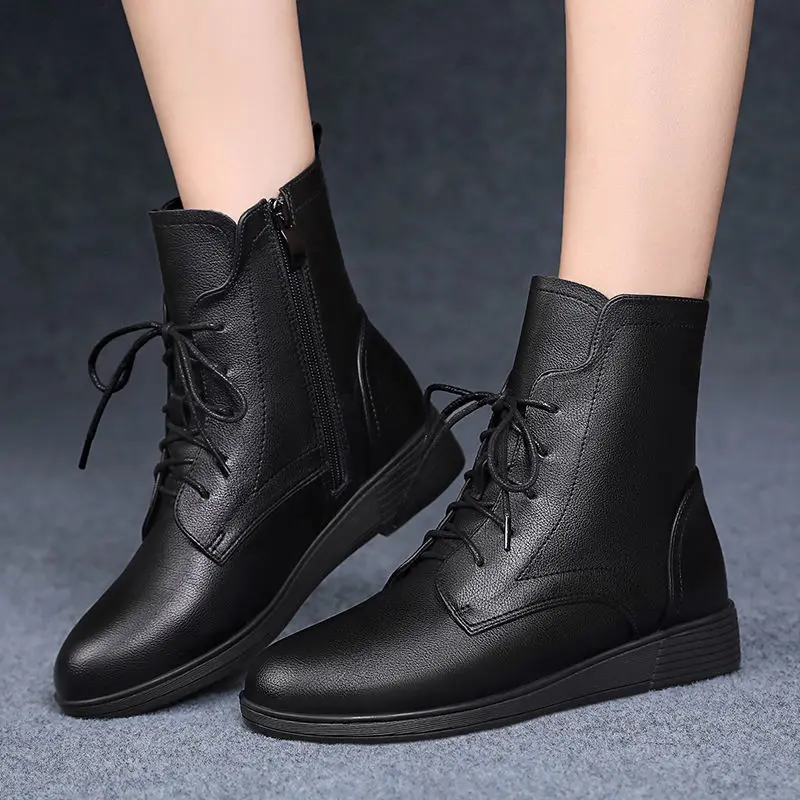 Ženske čizme u britanskom stilu od meke kože 2021 Ženske zimske prirodne cipele crne boje sa non-slip i runo ženske cipele 91104 Slika  5