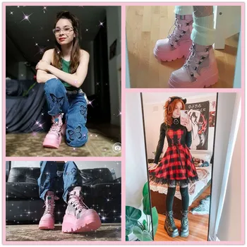 Trendy čizme na танкетке od klinova za žene Ružičaste boje Promjena munje čipka-up Dizajn Gotička obuća Ženska Svakodnevni Komforan popularna