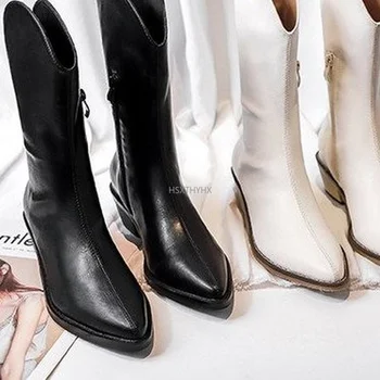 2021 Ženska jesenski bijeli Kauboj Vintage Zapadna kratka cipele po svojim gležnjeva za пастушки u retro stilu s visokim krovom na petu za žene za djevojčice