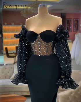Duge elegantne večernje haljine 2022 s otvorenim ramenima Uske s visokim prorezom crne sjajne perle Дубайские ženske večernje haljine za zabave