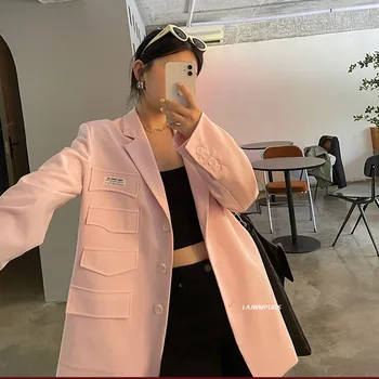 Korejski Casual trend Za žene s igle однобортный kožni prečac Slobodna moda Pink blazer s dugim rukavima Jesen 2021