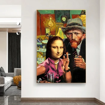 Zabavno Umjetnost Mona Lisa i Van Gogh Puše Slikarstvo na platnu, Plakata i grafika Zidni Umjetnička Slika za Dnevni boravak Home Dekor Cuadros
