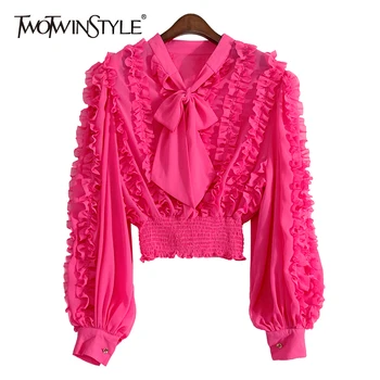 TWOTWINSTYLE Pink Svakodnevni Patchwork majica sa volanima na čipka-up Ženska majica okruglog izreza i dugi rukav Korejski tanka modna ženska bluza 2021 Novi