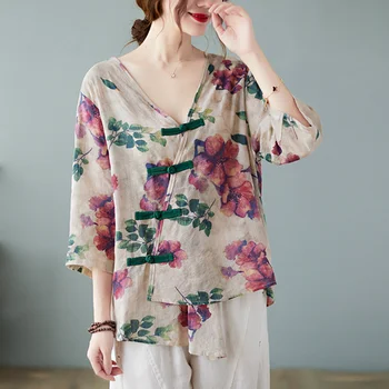 Max Lulu 2021 Korejski ljetna modna odjeća za žene Košulje s cvjetnim ispis Ženske berba majice s V-izrez Ženske slobodne svakodnevne vrhovima