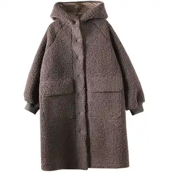 2021 Nove zimske ženski kaput od ovčje vune velikog kapaciteta, slobodan duge kapute, običan ženski kaput s kapuljačom, Trendy ženske jakne