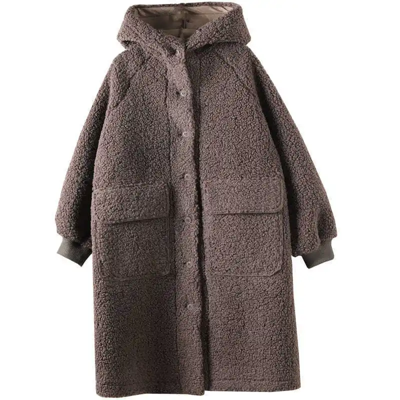 2021 Nove zimske ženski kaput od ovčje vune velikog kapaciteta, slobodan duge kapute, običan ženski kaput s kapuljačom, Trendy ženske jakne Slika  0