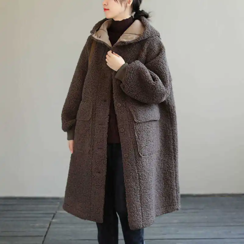 2021 Nove zimske ženski kaput od ovčje vune velikog kapaciteta, slobodan duge kapute, običan ženski kaput s kapuljačom, Trendy ženske jakne Slika  2