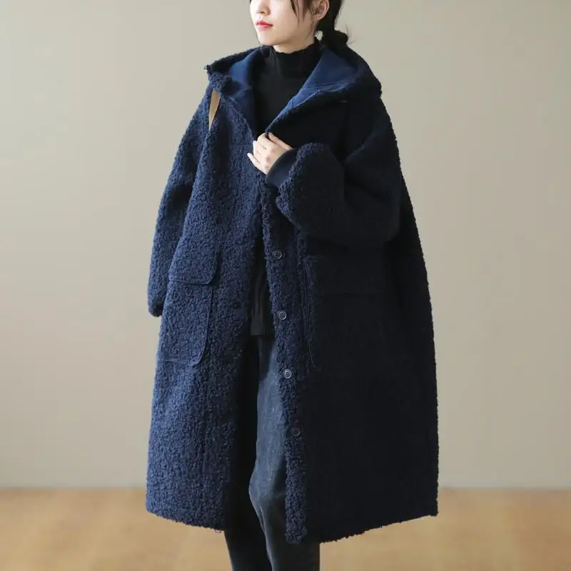 2021 Nove zimske ženski kaput od ovčje vune velikog kapaciteta, slobodan duge kapute, običan ženski kaput s kapuljačom, Trendy ženske jakne Slika  3