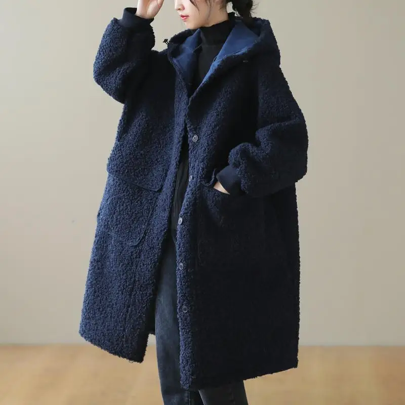 2021 Nove zimske ženski kaput od ovčje vune velikog kapaciteta, slobodan duge kapute, običan ženski kaput s kapuljačom, Trendy ženske jakne Slika  5
