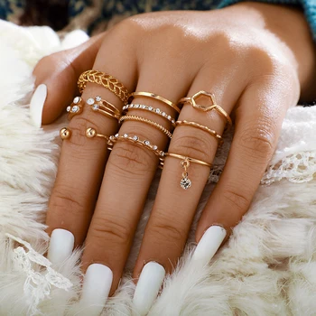 Хуатан Modni Kristalni prsten s biserima u obliku srca Set za žene Zlatnu boju Geometrijski prstena za prste na zglobovima cijeđenje prstiju Ženske 2020 Nakit Anillos