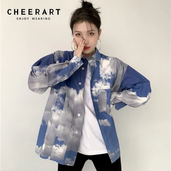 CHEERART Nebo-plava košulja, dugi rukav po cijeloj površini za žene 2021 Modni Majice I bluze Prevelike Dizajniranju majica s ovratnikom na zakopčane