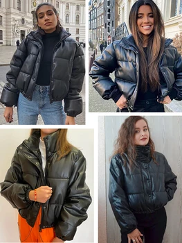 Fitaylor Zima umjetna koža Debela i kratka Ženska jakna s ovratnikom-otpornog Toplo crni kaput od umjetne kože na munje pamučna odjeća Moderan ženski