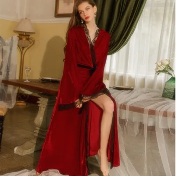 Велюровая ženska spavaćica do poda, spavaćica, haljina, ženski пижама, Elegantan пижама, haljine s dugim rukavima, Ženska baršun noćni odijevanje