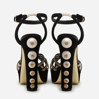 Seksi dama Svakodnevne modne dizajnerske cipele-brod ženske cipele od crne antilop od prave kože s remenčićima i biserima na platformi sandale na visoku petu