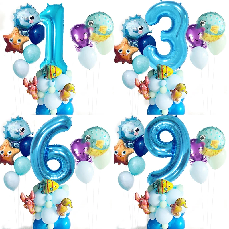 43 kom. skup balone s океанскими morskim životinjama Plava broj balon Sirena tema party Metalni lateks balona Djeca su Ukras rođendan Slika  0