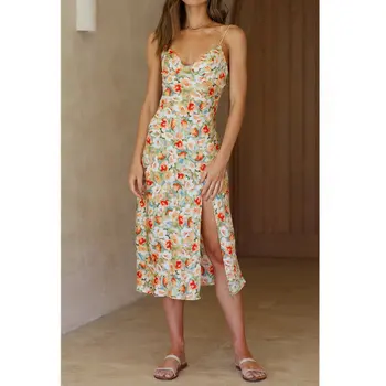 Cvjetni print V-izrez u obliku Seksi Split s otvorenim leđima Večernje elegantne ženske haljine 2022 Ljetni odmor Svakodnevne aktivnosti na plaži midi-haljine Vestidos