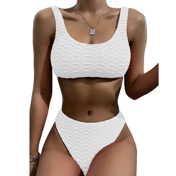 Bikini je Solidan kupaći kostim Ребристое bikini kupaći Kostim s visokog struka Za žene Kupanje Push-up 2022 Seksi bikini set sa V-izrez Plaža odjeća