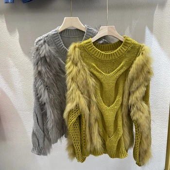Ženski pletene džemper od krzna rakun, prsluk 2022 godine, poznati ženski krzna pulover, topla jesen-zima, krzna puloveri s visokim воротом