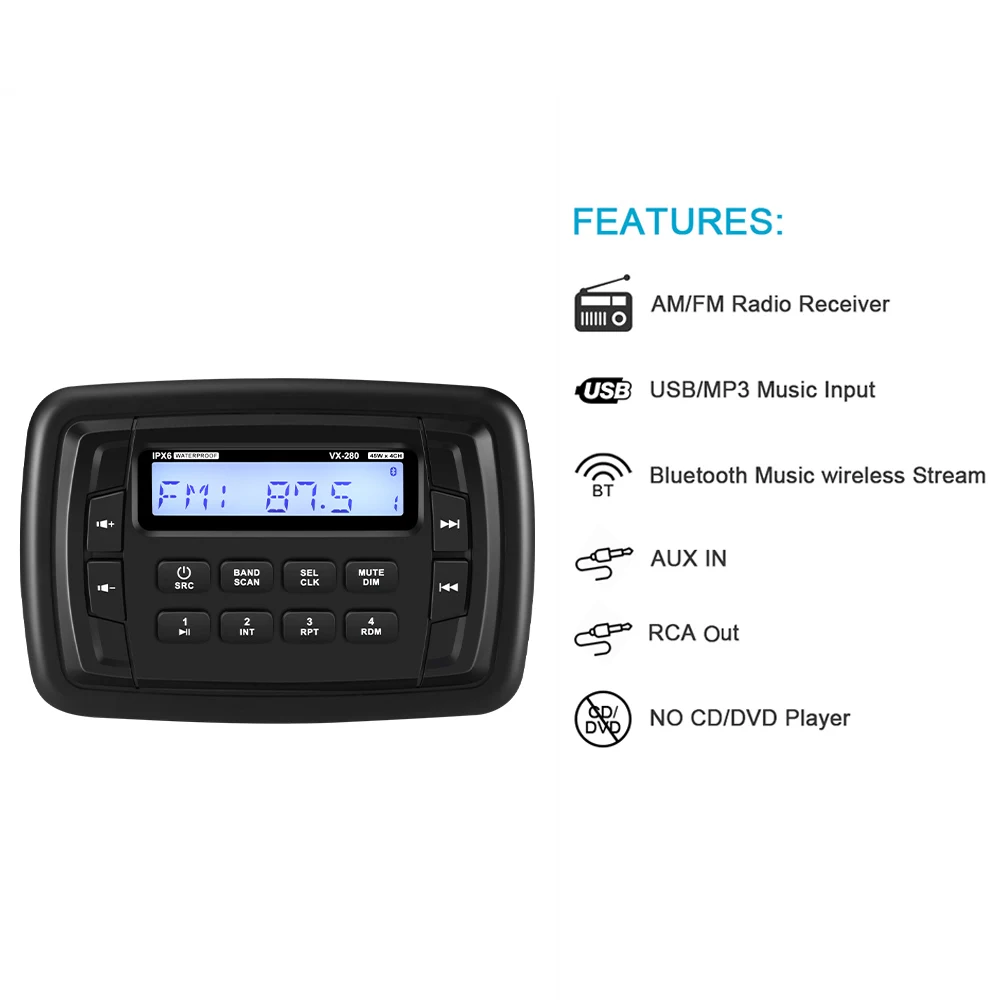 Morski Bluetooth Stereo Radio, Audio vodootporan Auto MP3 player + 1 par 4-inčni Vanjski Zvučnici + Morska Antena Za Brod ATV UTV Slika  3