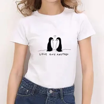 2021 Flash-prodaja Majica s пингвином Bijele besplatne majice s okruglog izreza Harajuku za mlade Svakodnevne bijele pamučne majice kratkih rukava Ljetna odjeća