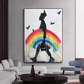 Sažetak Rainbow kišni Čovjek Ptice Šešir Likovna Slikarstvo na platnu Ulični Grafiti tiskanje Plakata i Moderan Zidni Umjetnička slika za uređenje doma