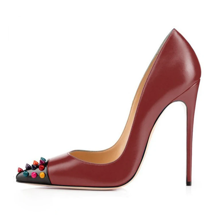 Crveni donji cipele sa zakovicama Trendy ženske cipele-brod na visoku petu cipele sa šiljcima Večernje cipele za Vjenčanje cipele na štikle s oštrim vrhom Veličina 46 Dropshopping Slika  1