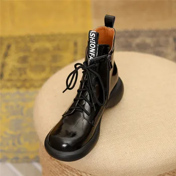 MILI-MIYA Jesen svakodnevne moto čizme Ženske crne lakirane cipele na platformu s debljim dnom na čipka-up i munje s okruglim vrhom