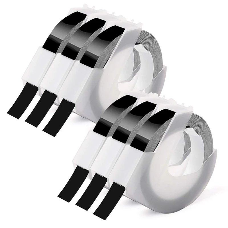6 Role Teksture Označavanja Trake 3D Plastika Bijelo na crnom 9 mm x 3 metra za proizvođače naljepnica za utiskivanje Dymo Slika  4