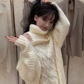 Ženski puloveri s visokim воротом Elegantne jesensko-zimske obložen dizajnerske na dodir Duge slobodne pletene bijele slatke pulover Tide
