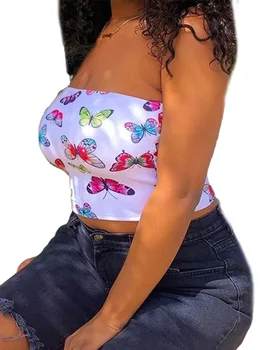 Ženska t-shirt s po cijeloj površini leptir, завернутая u prsa, Трансгендерная majica bez naramenica, Kratke majice, Tanka mini-vanjska odjeća
