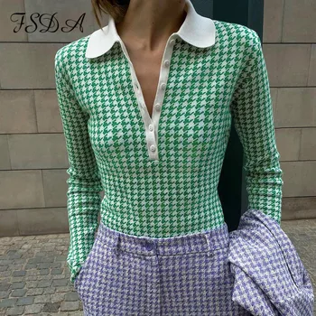 FSDA 2021 Jesen Zima Zeleni džemper u kavez za žene s dugim rukavima V-neck, pletene pulover Svakodnevni modni top Elegantan