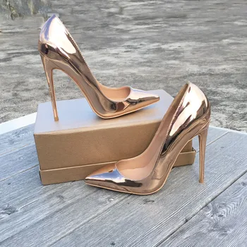 Tikicup Ženske sjajne zlatne cipele na štikle s oštrim vrhom na visoke potpetice ženske Seksualne lakirane cipele-brod 12 cm 10 cm 8 cm Sjajna svadba svadbene cipele