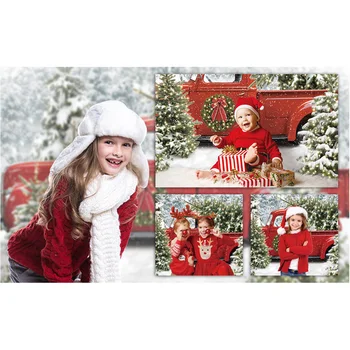 Božićni Crveni Kamion Pozadina Zimska Zemlja Čuda Snow Šumskog Drveća Fotografija Novorođenčadi Rođendan Portret Von Studio