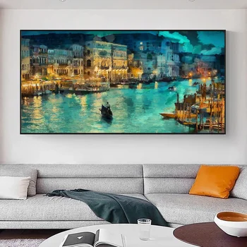 Sažetak Noćni pogled Veneciji Poznata je Slika na platnu Plakati klasične umjetnosti i tiskani rad Zidni Umjetnička Slika za uređenje Dnevnog boravka
