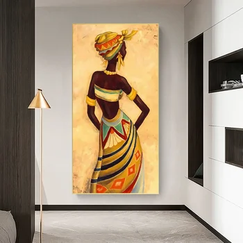 Crna Žena Platnu Ulje na platnu Apstraktna Umjetnost Narančasta Afrički Plemenski Dama Plakat Zid Umjetnost Slika za Dnevni boravak Kućni Dekor