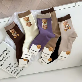 1 Par crtani ženske pamučne čarape s uzorkom Medvjeda, prekrasna slika životinja, Prozračni čarapa, Pamučne ženske čarape princeza, Visoke kvalitete