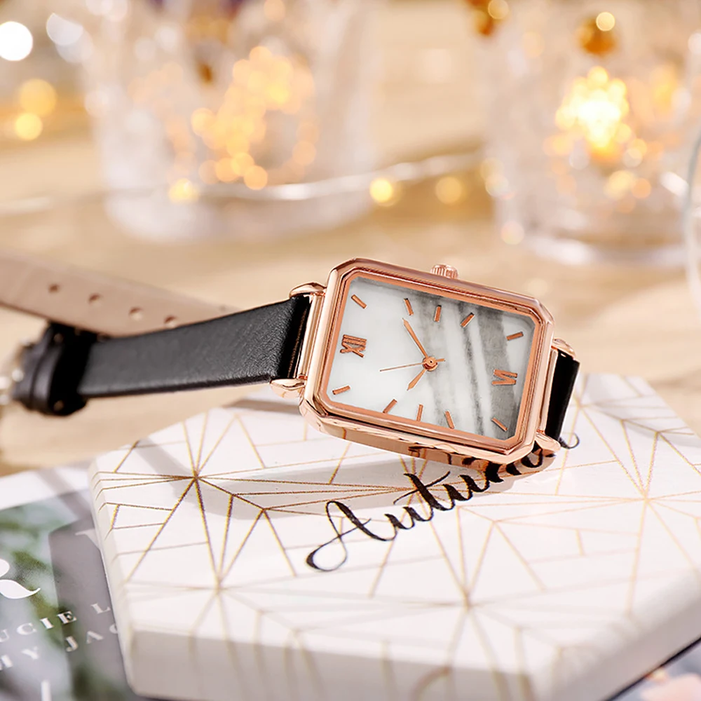 Brand HEZHUKEJI satovi Modni Trg ženske kvarcni sat sa zelenim dial Jednostavne kožne luksuzni satovi Slika  2