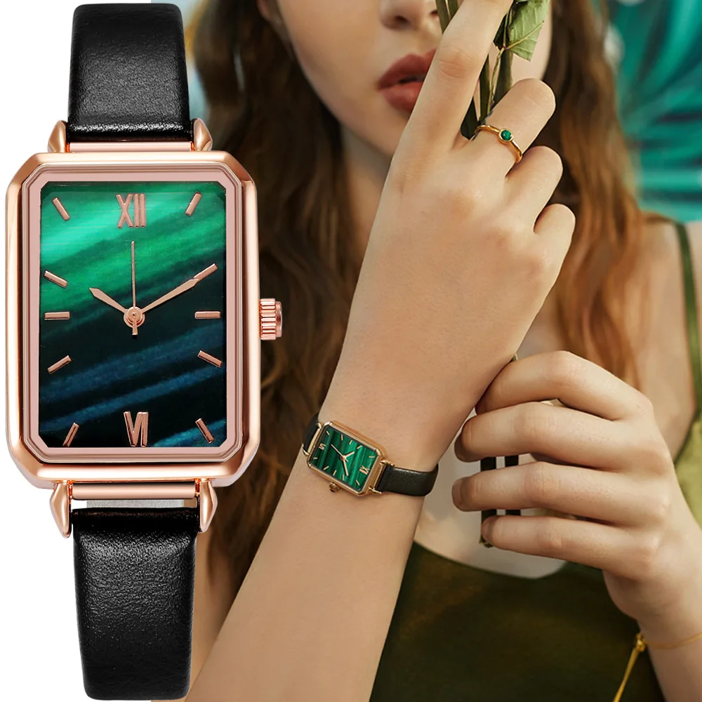 Brand HEZHUKEJI satovi Modni Trg ženske kvarcni sat sa zelenim dial Jednostavne kožne luksuzni satovi Slika  5