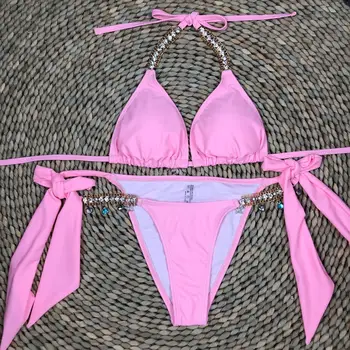 Bling Luksuzni Lanac Bikini Ružičasti Kupaći kostim Trokut Mikro Bikini Brazilski Kupaći Kostim Push-Up Crystal Bikini kupaći Kostim na trake