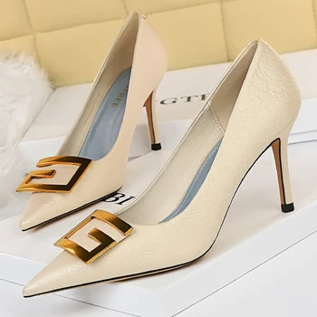 Cipele BIGTREE s metalnim kvadratnog insignia, ženske cipele, čamaca, trendi cipele-čamaca, ženske cipele na visoku petu na ukosnica 8,5 cm, elegantan банкетная cipele, ženske štikle
