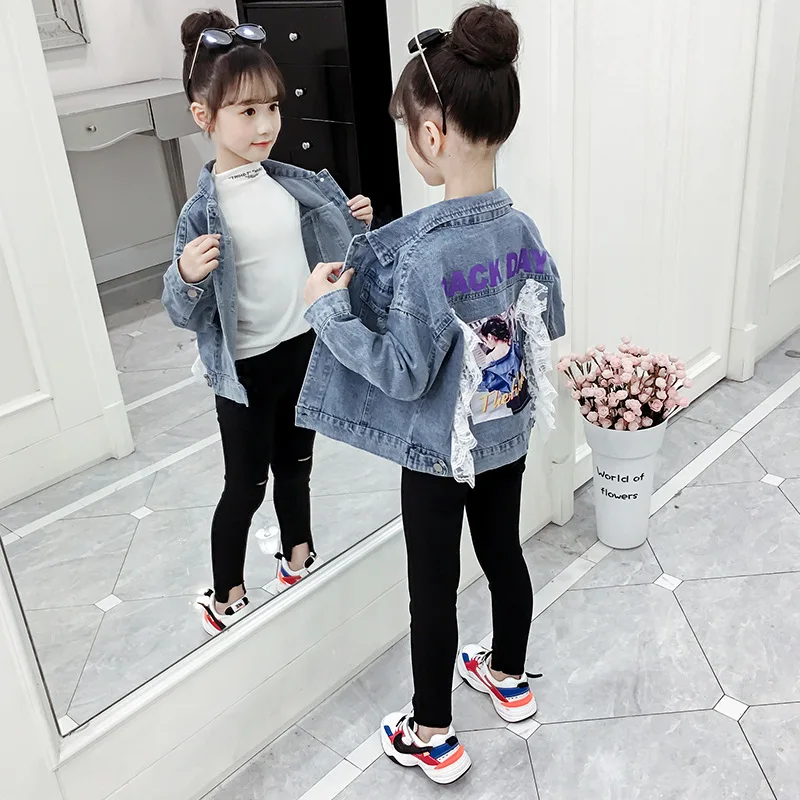 Djevojčica je Traper jakna s po cijeloj površini Modni čipke kardigan Kaput Crna Plava 88,7% Pamuk 9% Poliester odjeća za dječju odjeću Slika  5