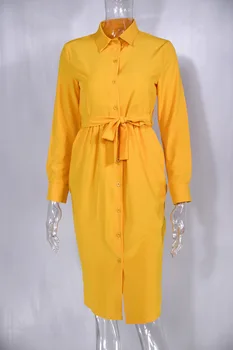 Modni gumbe dugi rukav Majica Midi Haljina Za žene 2021 Jesen Svakodnevno žuto-zelena Berba Ženske haljine za žene Fatalne ogrtač