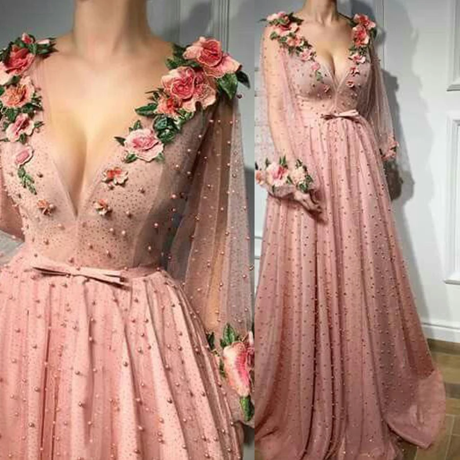 Haljine za maturalnu večer trapeznog oblika s V-izrez Rose duga haljina za maturalne haljine s 3D cvjetnim dugim rukavima Večernje haljine Slika  0