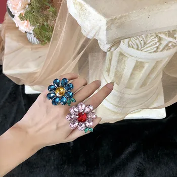 Korejski Ovjes Candy Boja Cvjetne Prsten za Žene, Metal Vintage Slatki Crystal Y2K Prstenje Nakit Prijateljstvo 90-ih i 00-ih godina Stil Pokloni