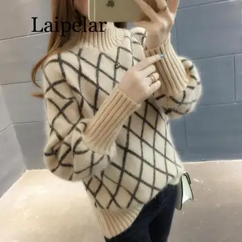 Ženska Svakodnevni водолазка s rukava-svjetiljku u kavez, pletene pulover velike veličine, džemper, Slobodan debeli kardigan, Vrhovima, Korejski Nova zima