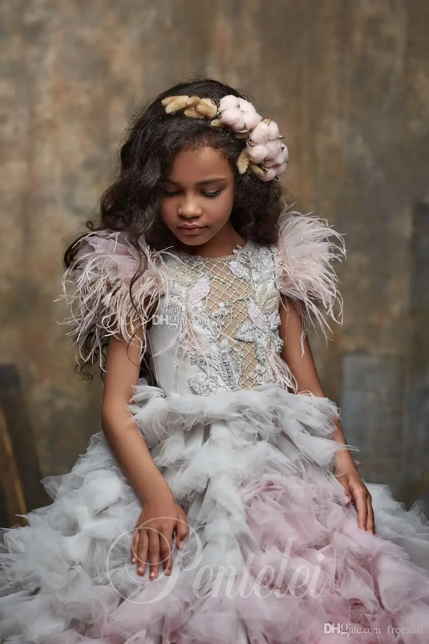 Vintage haljine za natjecanja za djevojčice 2020 godine s dragim kamenom oko vrata 3D s cvjetnog aplikacija Dječje večernja odjeća dugih rukava od perja Haljina za djevojčice-цветочниц Slika  1