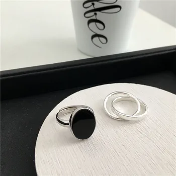 Evimi Jednostavna Moda Black Kap Glazura Ovalnog Oblika Srebrne Boje Otvoreni Prsten Za žene Večernje Nakit Darove S-R696
