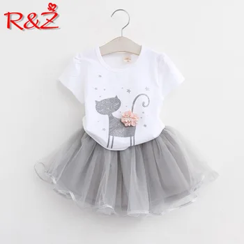 Dječji kostim R&Z 2019 Godina novi хлопчатобумажный kostim za djevojčice, Dječje majica sa po cijeloj površini crtani mače mini-suknja iz mreže od dva dijela