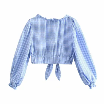Za 2021 Plavi pokrivač укороченная ljetna bluza Ženska dugi rukav sa zelenim rukavima i ukrašen Vintage košulja Ženski šik top na zakopčane s vršnjacima u kavez