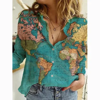 2022 Ženska majica s lapels i gumbe s ispis Karte svijeta dugi rukav Slobodan dan-to-day top Ženska Vintage odjeća veličine za žene Majice
